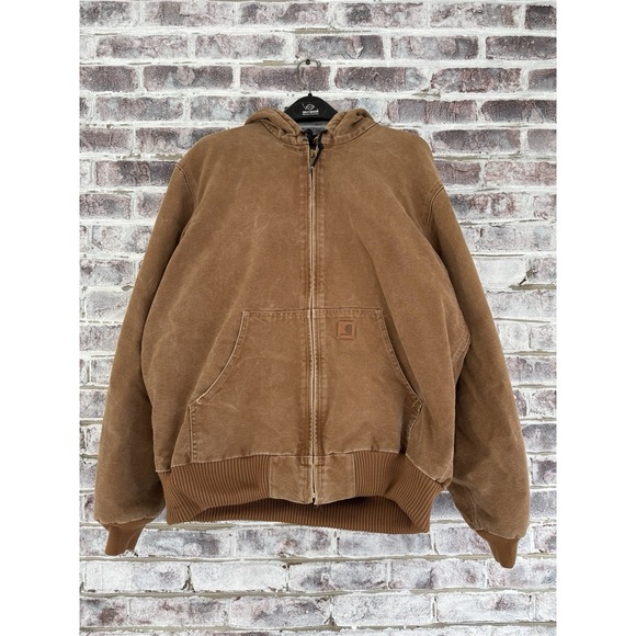 Vintage 2000s Carhartt J130-BRN Zip Up Tan Duck Canvas Hooded Jacket Mens Large - Picture 1 of 11